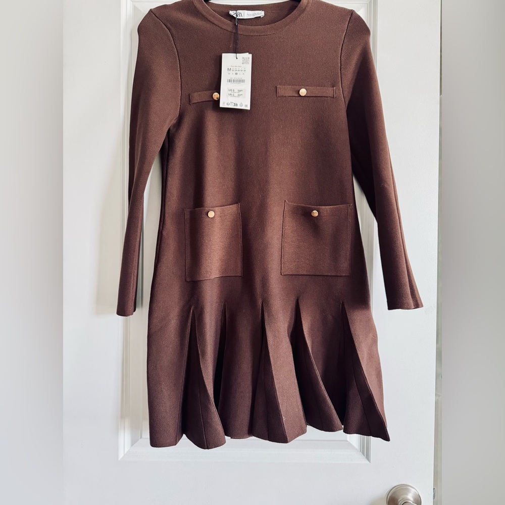 ZARA Brown Knit Pleated Mini Dress – Size M (NWT) - Picture 6 of 11